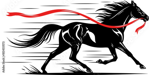 A dynamic black horse races forward with a red ribbon, conveying ?Good News Comes.? Bold, energetic, and visually striking. Perfect for motivational and positive themes.
