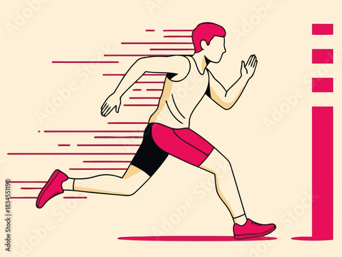 dynamic illustration depicts a runner crossing a finish line conveying speed and determination Bold pink lines emphasize movement Modern graphic style suitable for various commercial applications