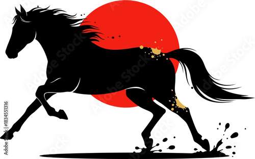 powerful black horse gallops across a vibrant red sun symbolizing victory The phrase 'Victory is Silent' is prominently displayed Dynamic striking imagery suitable for various commercial applications