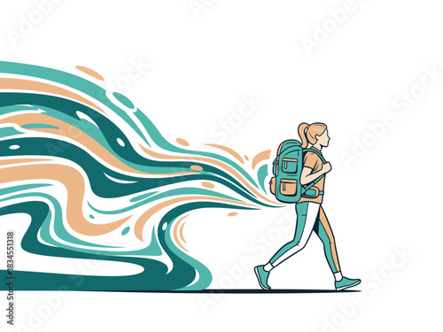 A woman hikes confidently, leaving a trail of swirling color.  She wears a backpack and hiking boots, embracing her independent journey.  Motivational and vibrant.