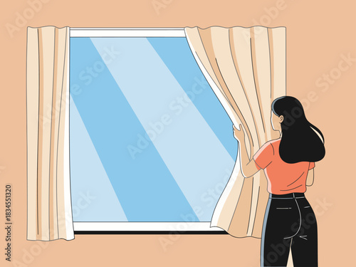 A woman opens curtains to greet a rising sun. A serene scene of a new day beginning. Soft light and a hopeful mood.