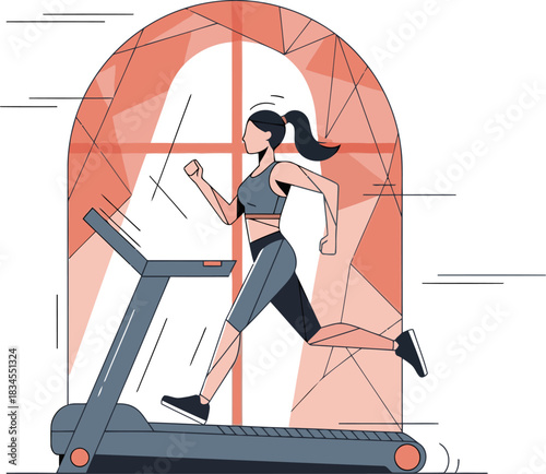 A woman runs on a treadmill, motivated by a vibrant archway. ?Start Stronger Now? text encourages fitness. Modern, energetic illustration for health and wellness campaigns.