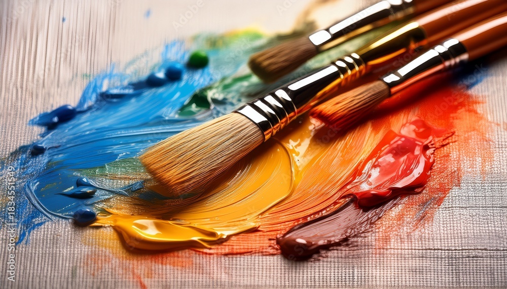Obraz premium vibrant primary color paint blobs with brushes on textured canvas close up