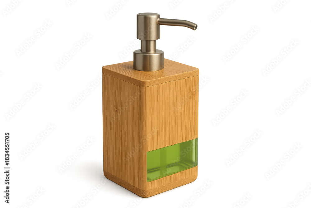 Obraz premium Bamboo soap dispenser with metal pump, presenting eco-friendly bathroom hygiene and refillable liquid container