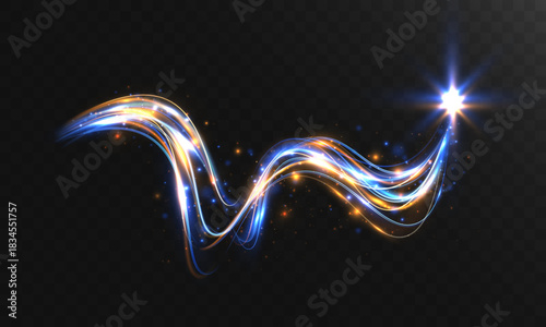 Bright blue-gold light trail with sparkling particles and a glowing star at the tip. Dynamic magic wave effect on a transparent dark background.
