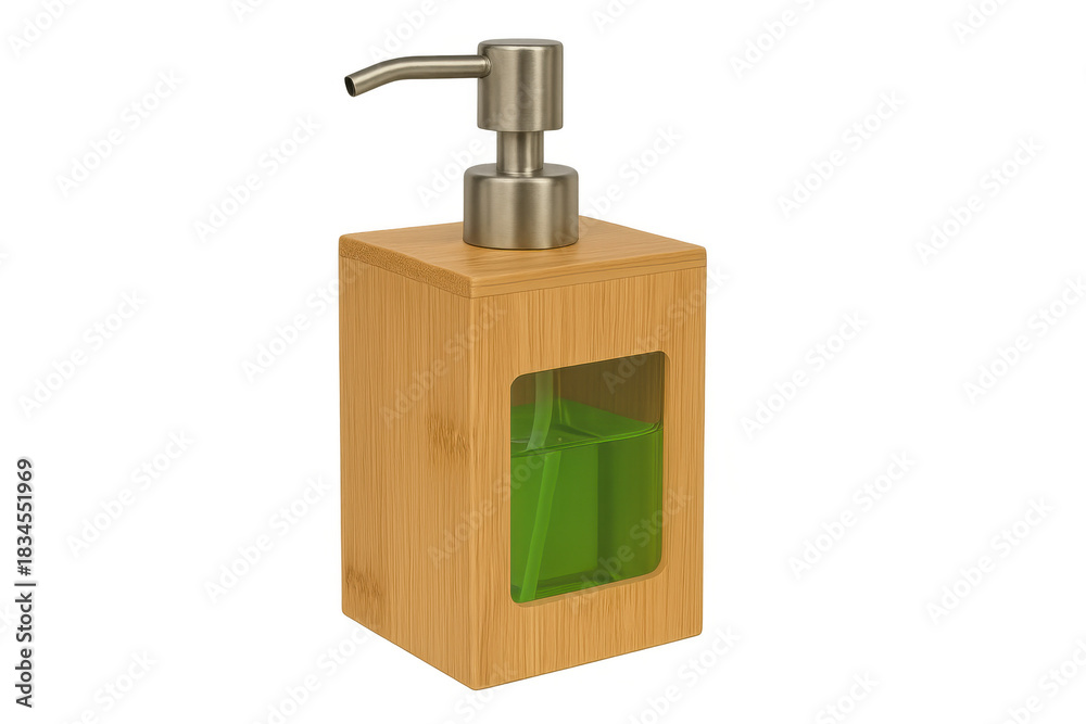 Obraz premium Bamboo pump dispenser with green liquid soap for bathroom hygiene and hand washing, transparent background