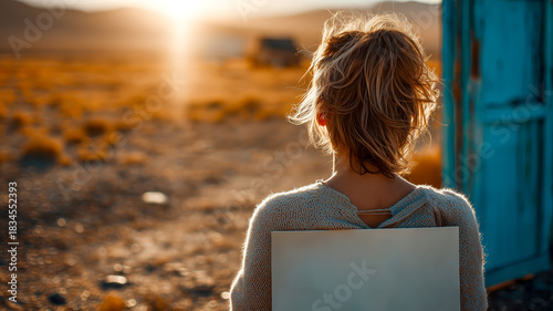 A woman with her back is looking to the horizon at sunset, with a house in the background. She's holding something on her back.