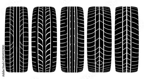 Five black car tire tread patterns are displayed in a row as a graphic illustration, showcasing different designs for vehicle wheels and automotive safety on the road