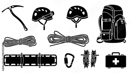 Set of black mountaineering equipment icons including an ice axe, helmet, backpack, rope, and rescue gear in a simple graphic silhouette style for climbing and alpinism