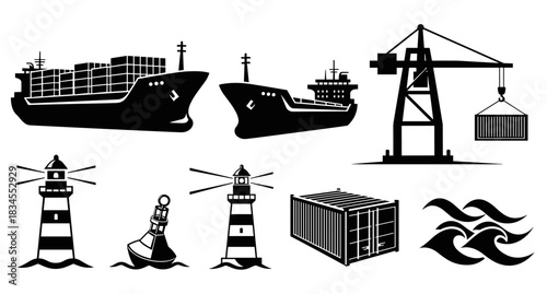 Set of black maritime shipping icons featuring a container ship, port crane, lighthouse, buoy, and cargo box for logistics and global transportation themes in a graphic vector style