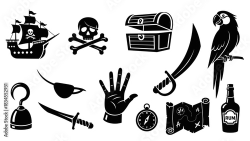 Collection of black pirate themed silhouette icons showing a ship, skull and crossbones, treasure chest, parrot, sabre, map, hook, compass, and a bottle of rum