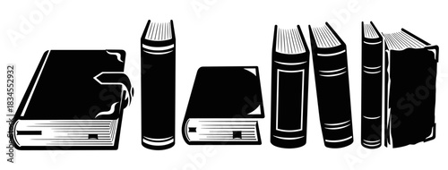 Set of old black hardcover books arranged in a row, a minimalist graphic illustration representing knowledge, literature, education, and reading in a simple silhouette style