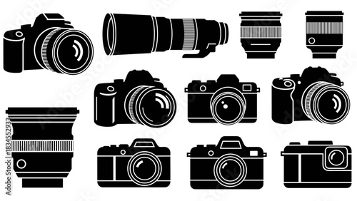 Collection of black camera and lens silhouettes in a minimalist vector style, featuring various types of photography equipment like DSLR, mirrorless, and vintage cameras with different lenses