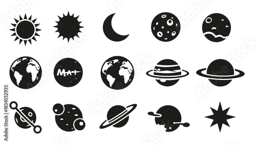 Set of black graphic icons representing celestial objects like the sun, moon, earth, and planets in a clean, minimalist design for science concepts
