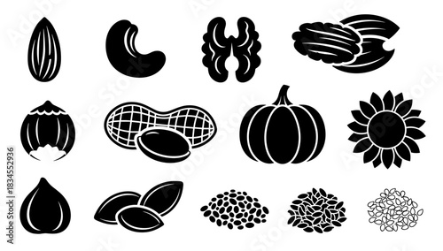 Collection of graphic nut and seed icons in a bold black silhouette style, featuring almond, walnut, peanut, cashew, pecan, pumpkin, sunflower, and other assorted seeds