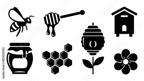 Set of black honey and beekeeping icons featuring a bee, honeycomb, jar, dipper, beehive, and flower, designed as simple, bold glyphs for apiary and natural food themes
