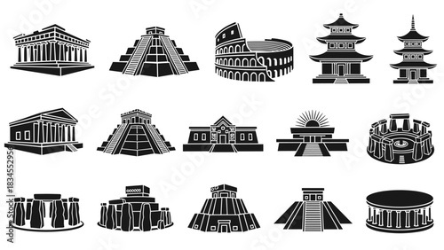 Set of black silhouette icons of ancient world landmarks and historical architecture, featuring temples, pyramids, and monuments in a minimalist graphic glyph style for design elements