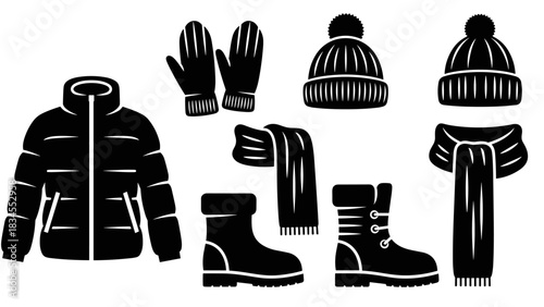 Collection of black winter apparel icons featuring a puffer jacket, warm mittens, a pompom beanie hat, a cozy scarf, and snow boots in a simple graphic silhouette style