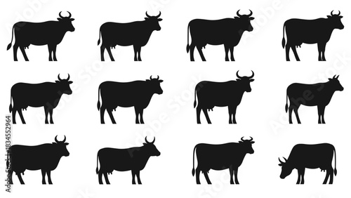 Twelve black silhouettes of cows and bulls in various poses, a graphic vector icon set for agriculture, farming, and livestock concepts, presented in a clean, minimalist style