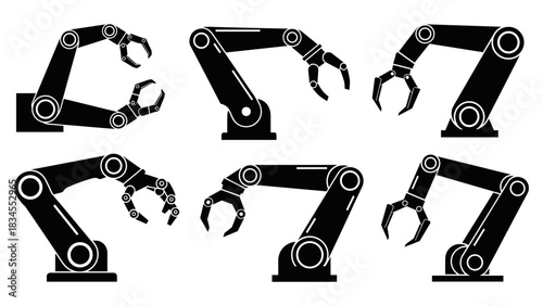 Collection of black industrial robotic arm silhouettes with various mechanical claws and grippers, representing automation and manufacturing technology in a flat vector icon set