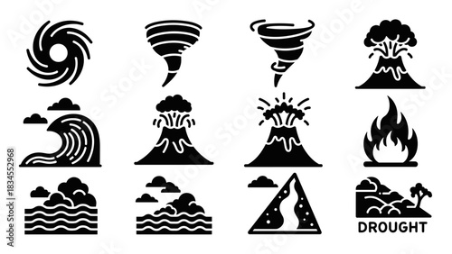 Natural disaster black glyph icons set showing hurricane, tornado, volcano eruption, tsunami, fire, flood, landslide, and drought for emergency and weather concepts