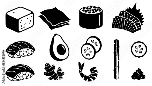 Collection of black and white sushi ingredients and food icons including nigiri, sashimi, avocado, and nori in a minimalist graphic stencil style