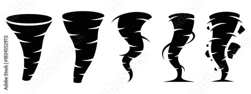 Set of five black tornado silhouettes showing different stages of a powerful weather phenomenon, from a simple funnel cloud to a destructive and chaotic twister icon