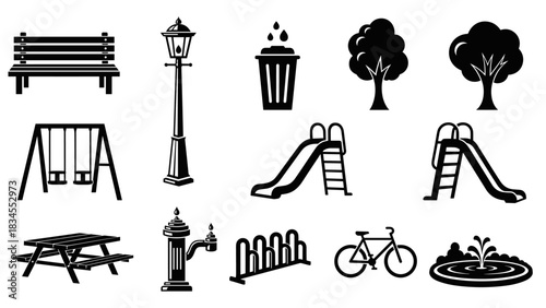 Set of black park and playground icons including a bench, slide, swing, and tree in a simple graphic silhouette style for urban and recreational design elements