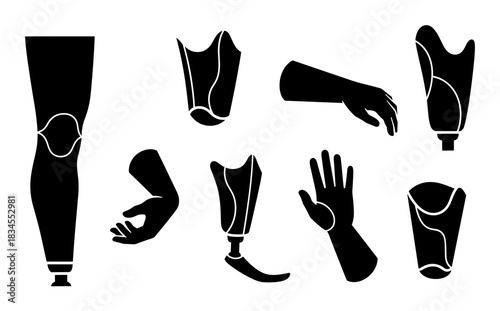Set of black prosthetic limb vector icons showing artificial arms, hands, and legs representing disability, amputation, and modern bionic technology