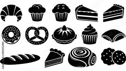 Collection of black bakery food icons featuring various pastries and desserts like croissants, cupcakes, donuts, cake slices, pretzels, and bread in a simple graphic silhouette style