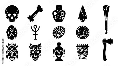 Collection of black silhouette icons depicting ancient tribal and prehistoric artifacts including masks, skulls, weapons, pottery, and fossils in a simple minimalist glyph style