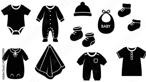 Set of black silhouette baby clothes icons featuring a bodysuit, romper, bib, hat, and booties in a simple graphic style for newborn and infant apparel essentials