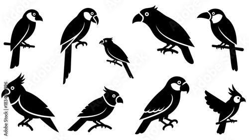 Collection of black bird silhouettes in various poses and species, including parrots, toucans, and cardinals, presented as a simple graphic icon set for nature and wildlife themes