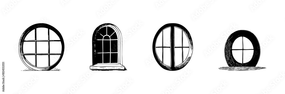 Fototapeta premium Round And Arched Window Doodle Sketch Set. Architectural Design Elements And Vintage Window Styles In Hand Drawn Style Collection. Home Decor And Building Aesthetics. Isolated Vector Illustration