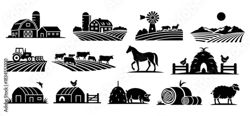 Large collection of black farm silhouettes featuring agricultural scenes, animals, and equipment like a barn, tractor, cow, and windmill in a minimalist graphic style