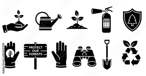 Set of black glyph icons for environmental protection, including a seedling, watering can, fire extinguisher, and recycling symbol, representing ecology and conservation concepts