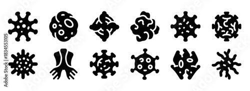 Set of black virus and bacteria icons in a minimalist glyph style, showcasing various microscopic pathogens for science, medicine, and healthcare concepts in a simple silhouette design