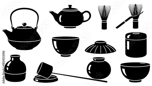 Set of traditional tea ceremony tools presented as black graphic silhouettes, showing a kettle, teapot, bamboo whisk, bowl, ladle, and other essential utensils for preparation