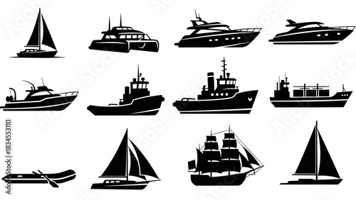 Collection of black boat and ship silhouettes featuring various watercraft like yachts, sailboats, tugboats, and a historic tall ship in a clean, graphic icon set for maritime themes