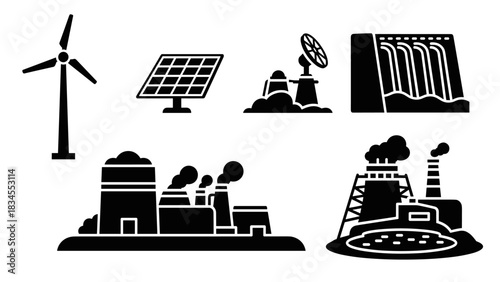Set of black silhouette power plant icons showing various energy generation types including renewable wind, solar, hydro and traditional industrial, thermal, and nuclear stations