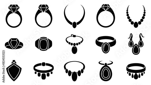 Large set of black jewelry icons showing rings, pendants, necklaces, and earrings in a clean, modern, and minimalist silhouette graphic illustration