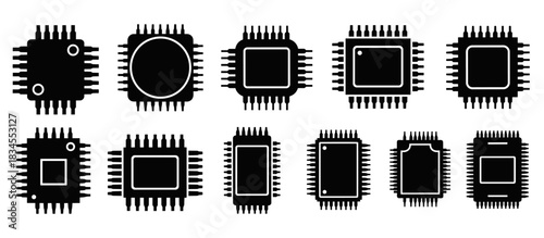 Set of black computer microchip icons showing various processor and integrated circuit silhouettes in a minimalist graphic style for technology and electronics concepts