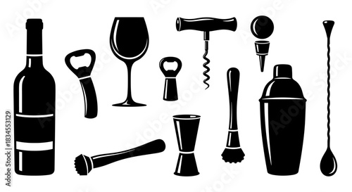 Collection of black bar and wine accessories including a shaker, corkscrew, bottle, and glass, presented as a graphic silhouette illustration set for mixology concepts