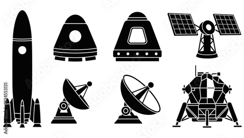 Set of black space exploration icons including a rocket, capsule, satellite, lunar lander, and antenna dish presented in a clean, minimalist graphic vector illustration