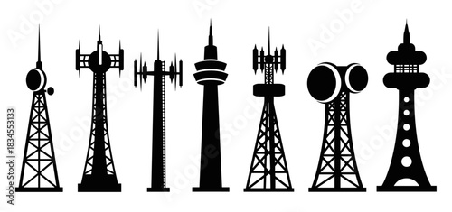 Collection of black communication tower silhouettes showing various designs for radio, television, and cellular network broadcasting in a minimalist graphic illustration style