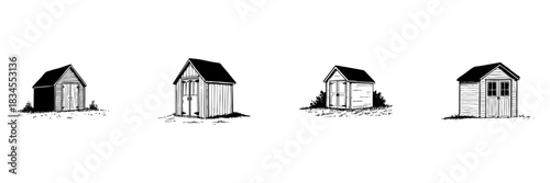 Wooden Garden Sheds Doodle Sketch Set. Outdoor Storage Solutions And Backyard Organization In Hand Drawn Style Collection. Rustic And Functional Design. Hand Drawn Isolated Vector Illustration
