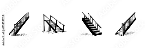 Staircase Designs Doodle Sketch Set. Architectural Elements And Construction Concepts In Hand Drawn Style Collection. Variety Of Stair Types And Structures. Isolated Vector Illustration
