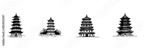 Pagoda Architecture Doodle Sketch Set. Traditional Asian Temple Structures And Cultural Heritage In Hand Drawn Style Collection. Historical And Religious Significance. Isolated Vector Illustration