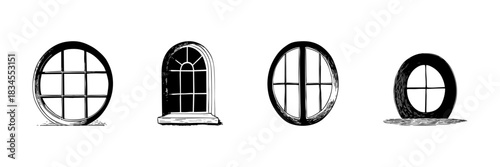 Round And Arched Window Doodle Sketch Set. Architectural Design Elements And Vintage Window Styles In Hand Drawn Style Collection. Home Decor And Building Aesthetics. Isolated Vector Illustration