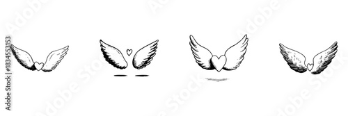 Heart With Wings Doodle Sketch Set. Love, Freedom, And Spirituality Symbolism In Hand Drawn Style Collection. Romantic And Inspirational Design. Isolated Vector Illustration